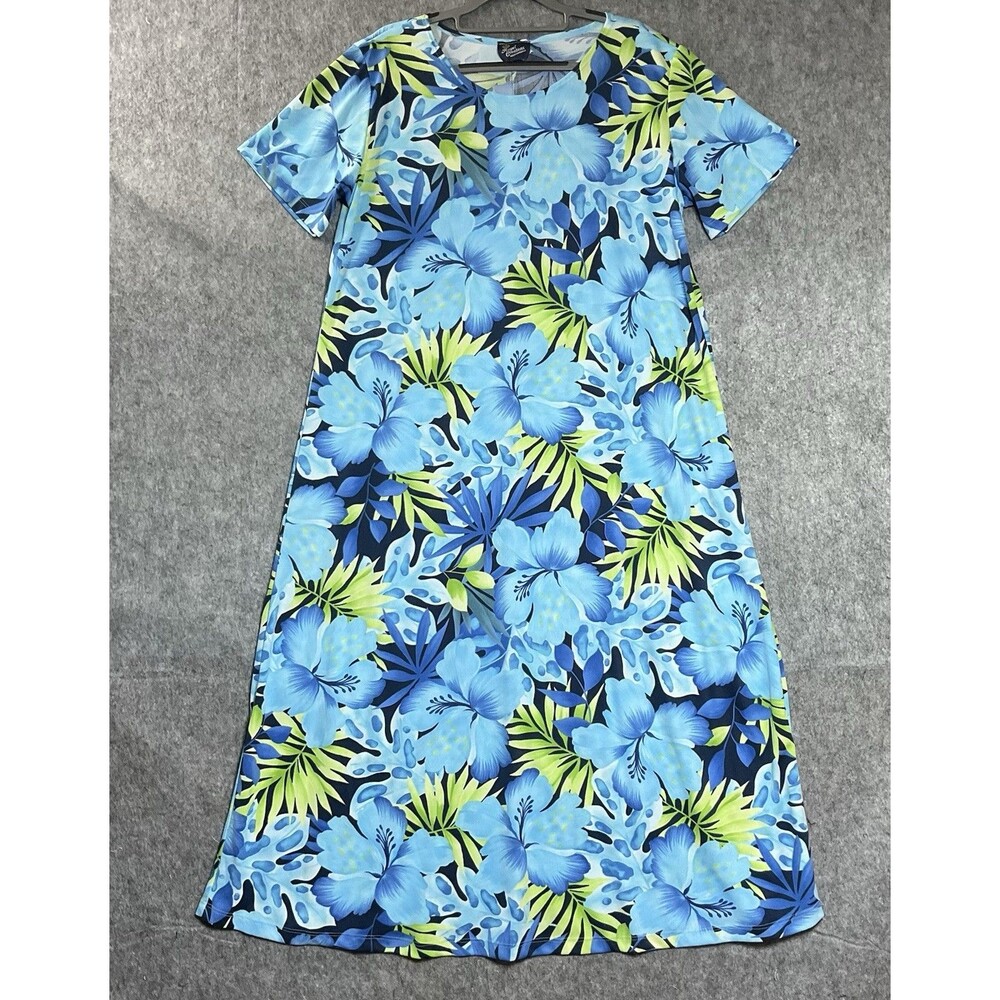 Vintage Hawaiian Dress Women Large Blue Floral Tropical Maxi Vacation Cruise USA